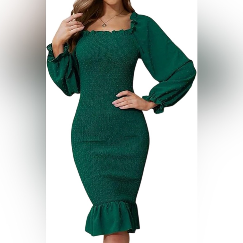 NEW Green Square Neck Midi Ruffle Smocked Bodycon Mermaid Cocktail Dress XL